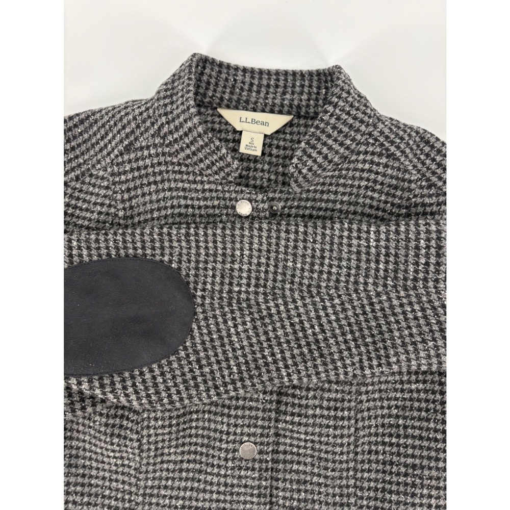 LL Bean Womens‎ S Houndstooth Wool Silk Blend Blazer Jacket Elbow Patches Gray